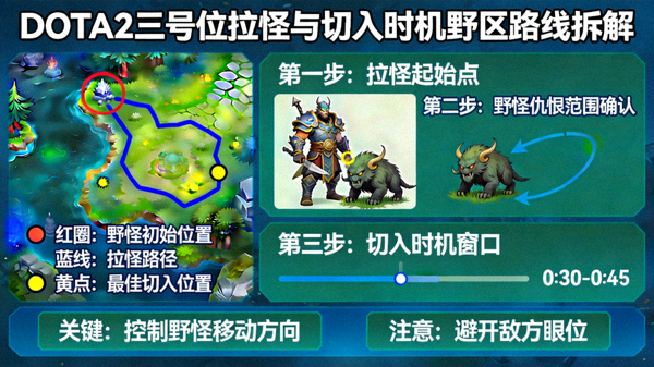 DOTA2 三号位拉怪与切入时机野区路线拆解示意图